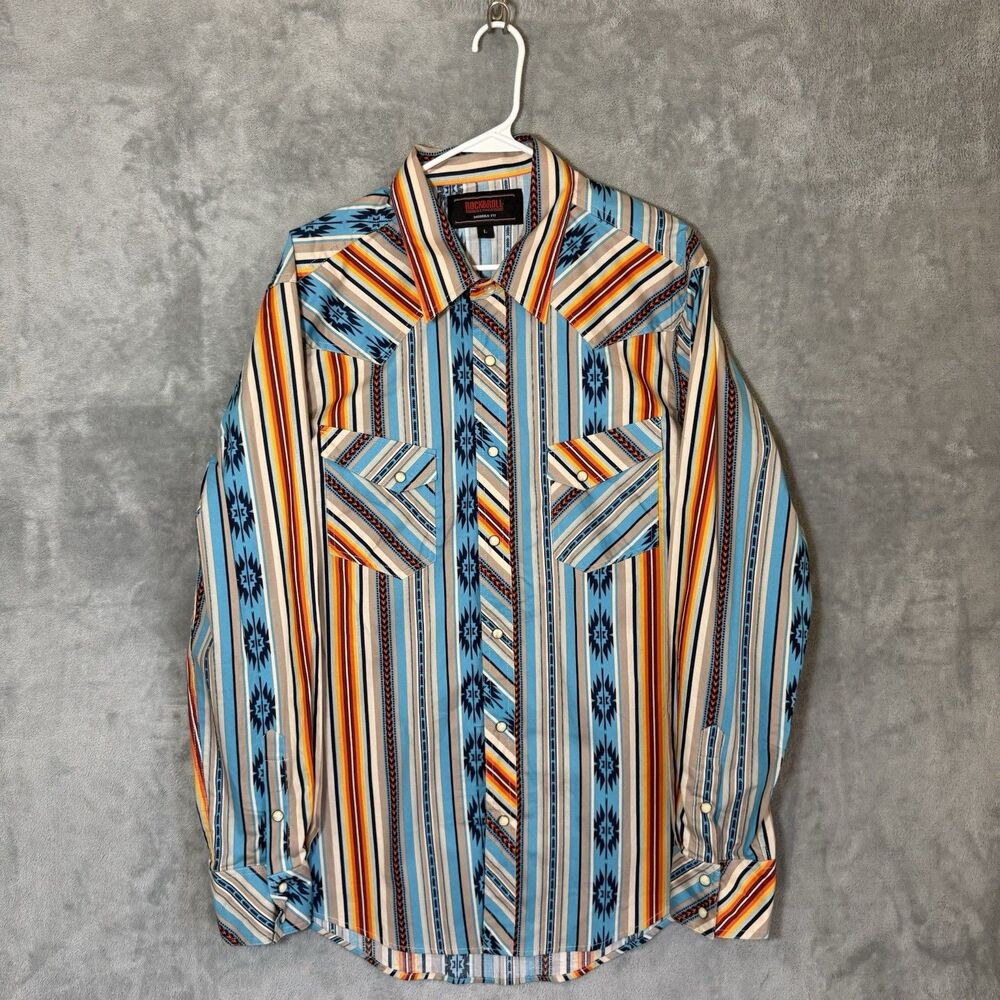 Rock & Roll Cowboy Sz L Men Striped Aztec Western Pearl Snap Button Up Tribal
